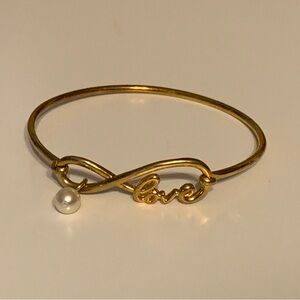 Gold 'Love' Infinity Bangle Bracelet with Pearl Accent - Women Jewelry